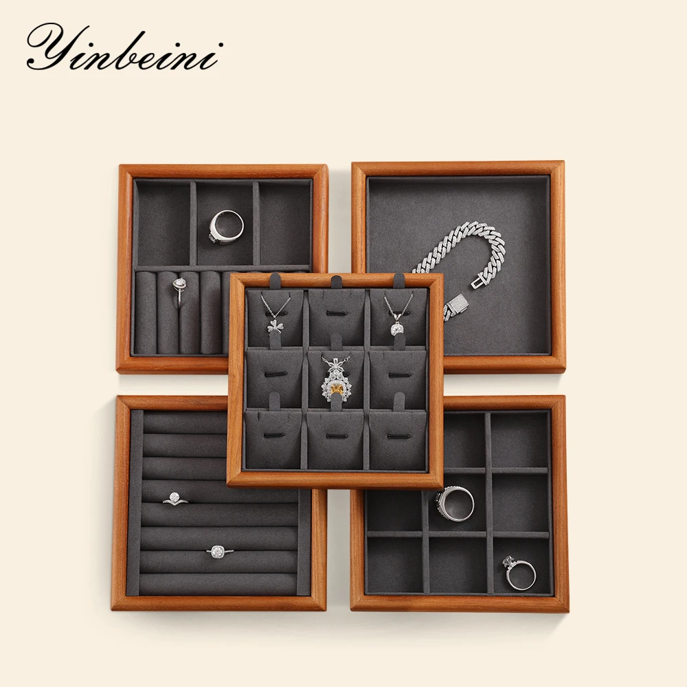 YinBeiNi Beige&Dark Gray Solid Wood Jewelry Display Tray Ring Necklace Earring Bracelet Organizer for Shop Cabinet Exhibition