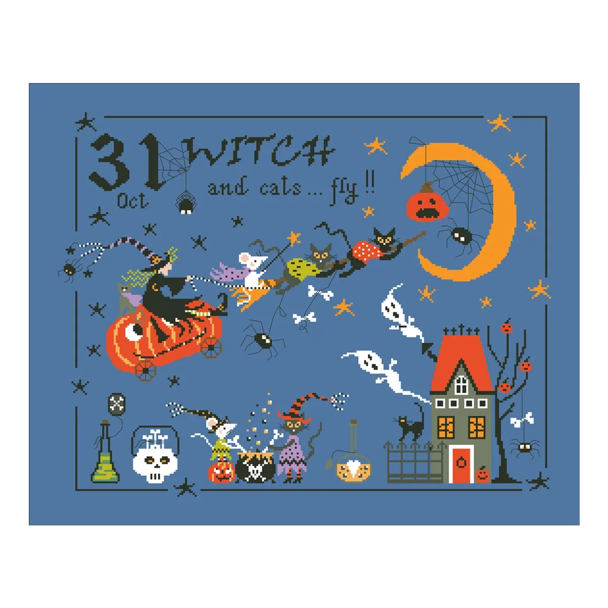 Witch and cats fly cross stitch kit Halloween cartoon 18ct 14ct 11ct denim blue canvas stitching embroidery DIY