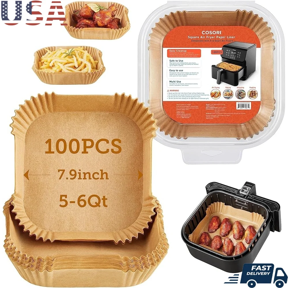 

100 PCS Air Fryer Liners Disposable Non-Stick Paper Liners Waterproof Oilproof Easy Cleanup 7.9 Inch Compatible with Oven