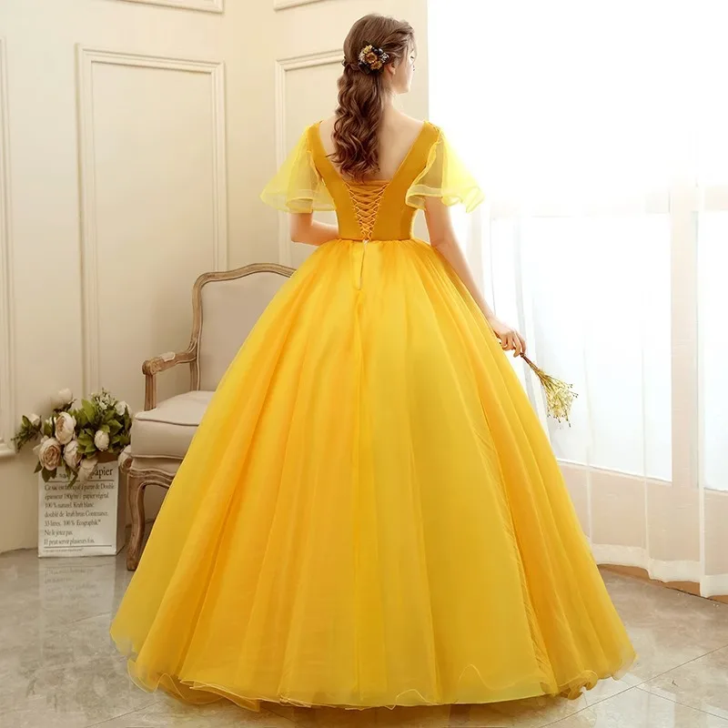 فستان سهرة ذهبي أنيق جديد للولائم الصيفية نمط طويل زهرة الجنية منفردة الفن امتحان الأداء فستان منتفخ تنورة موضوع الاستوديو #2