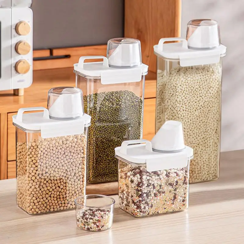 Hot Plastic Food Storage Containers With Sealed Lids And Measuring Cup For Kitchen Rice Cereal Dry Food