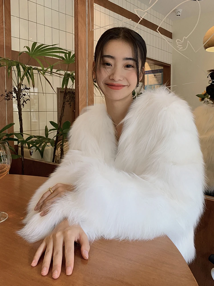 女性用エレガントフェイクファーコート、ヴィンテージ風スリムロングスリーブフェイクフォックス暖かいジャケット、冬用韓国風無地女性用Oネックレトロスイートトップス新作