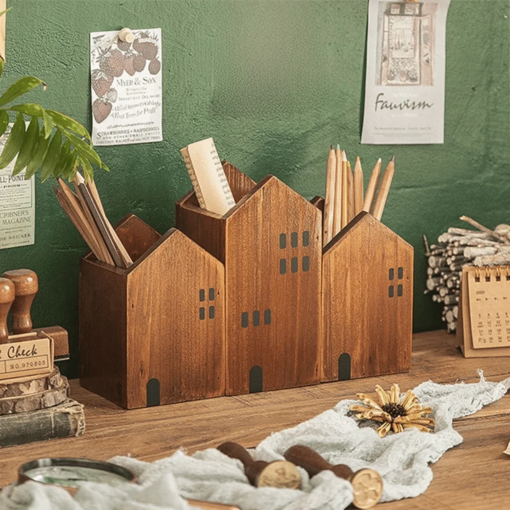 2PCS Cute Wooden House Shape Pen Container Vintage Cartoon Makeup Brush Storage Box Polished Surface Desktop Organizer Office