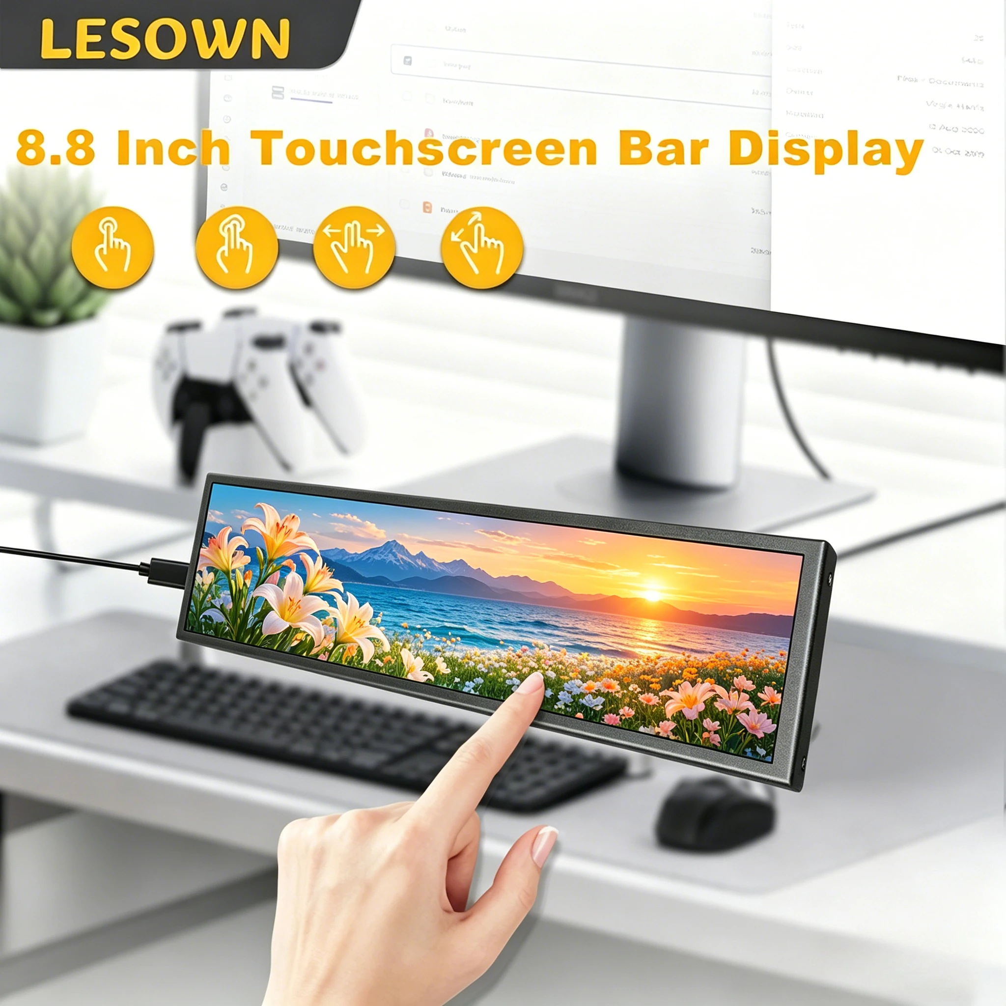 

LESOWN White SBC External Bar Display 8.8" 480x1920 Type-C 600cd/m2 RPi Mount Monitor for Raspberry Pi 4 Developer Board
