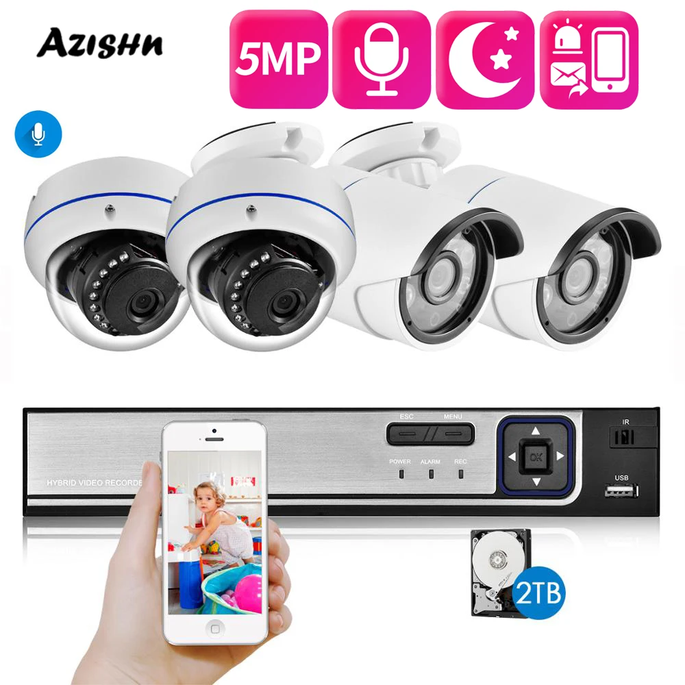 AZISHN monitoraggio degli sport Indoor e Outdoor CCTV emisfero POE IP 4CH 5MP POE NVR Kit Kit di monitoraggio Video P2P