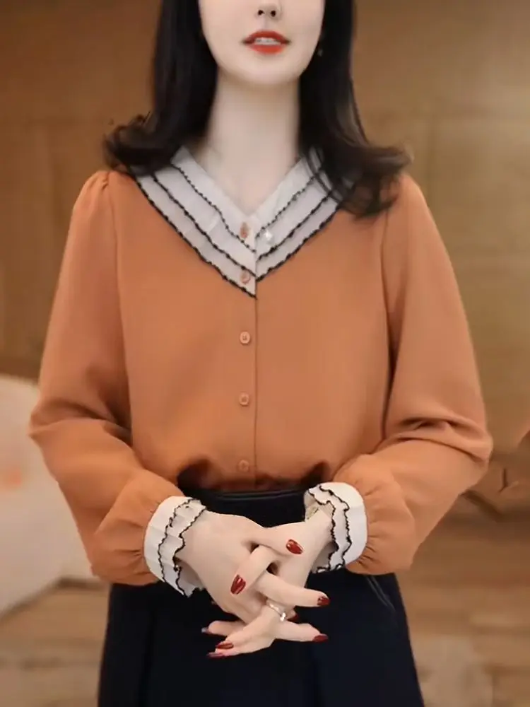 

French-style V-neck Blouse for Women 2025 New Spring/autumn Fashion Loose Temperament Chiffon Top