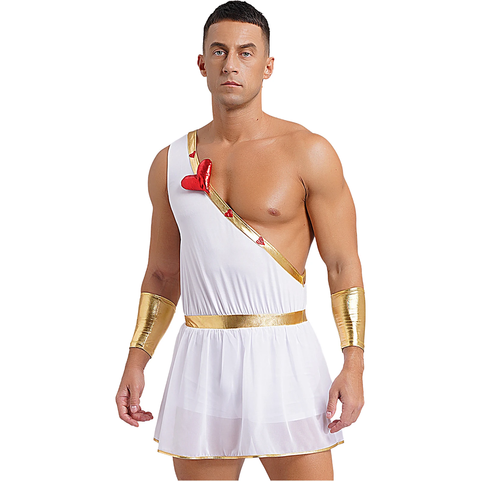 Mens Cupid Costume Roman Love God Cosplay Fancy Dress One Shoulder Heart Adorns Bodysuit for Valentine Nightclub Carnival Party