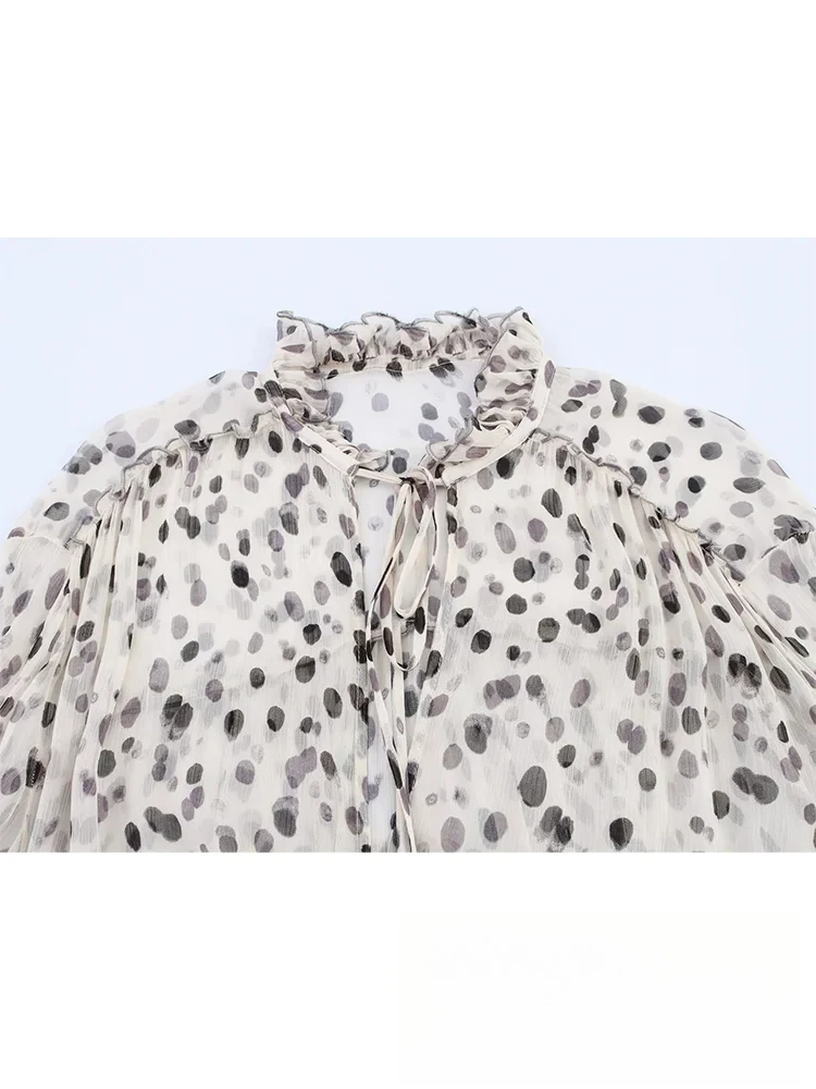 KONDALA Elegante, schicke Damenbluse, gepunktet, Schnürung, V-Ausschnitt, Puffärmel, Rüschen, Hemden, Mode, 2025, Frühling, Sommer, lässige Blusen