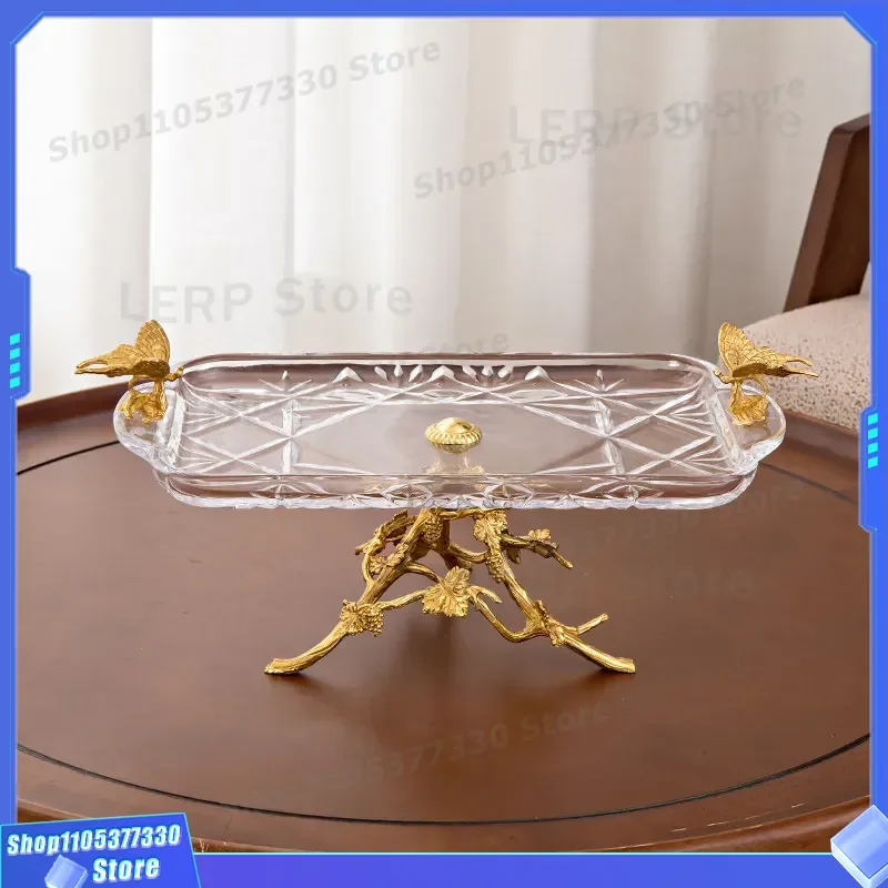 Rectangular Crystal Glass Fruit Plate with Brass Foot Flat Tray for Living Room Tea Table Household Pastry Snack Serving Dish