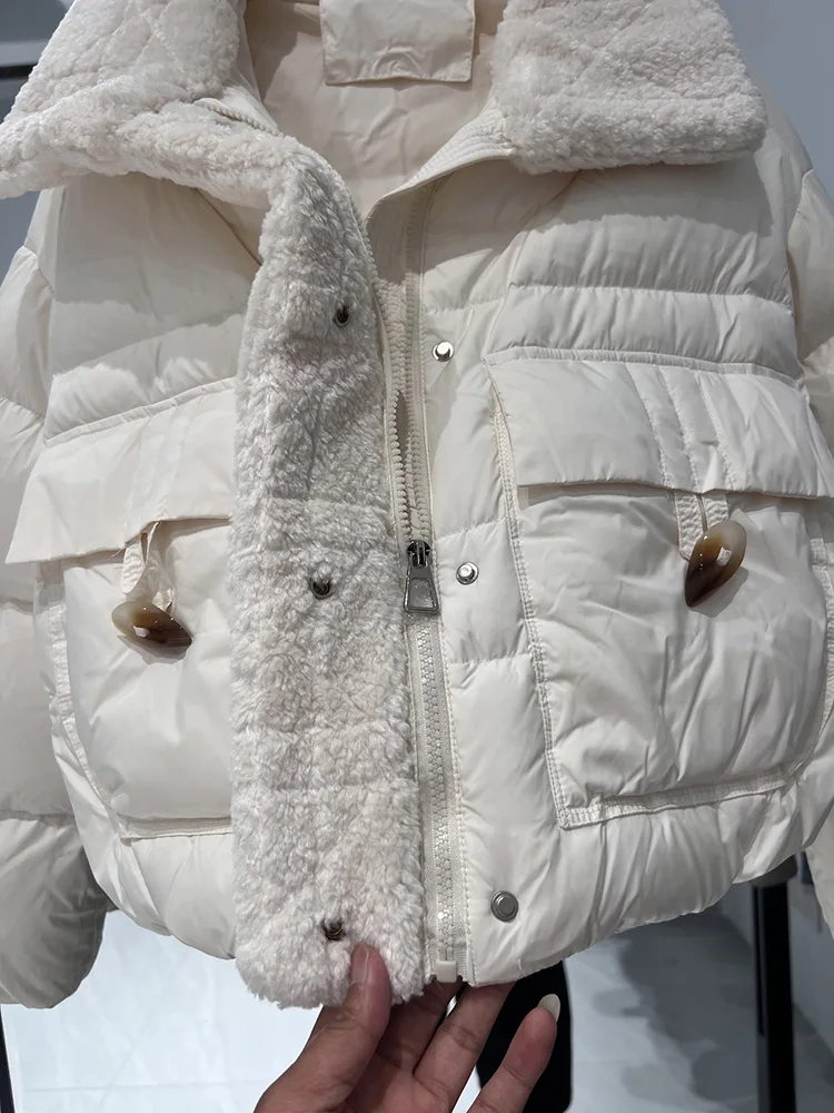 Koreanische Version Mode Reverskragen Lammwolle lässig vielseitige weiße Ente Daunenjacke trendiges Design Sinn Frauen Daunenjacke