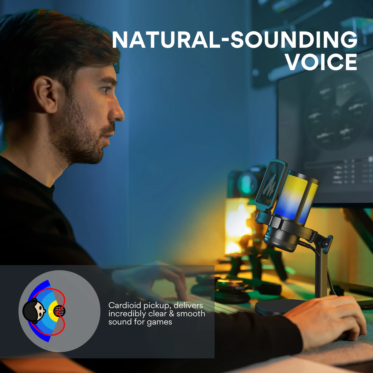 USB-микрофон Maono Gamerwave DGM20, игровой конденсаторный микрофон RGB, микрофон с шумоподавлением и усилением микрофона, разноцветный, одна кнопка для отключения звука