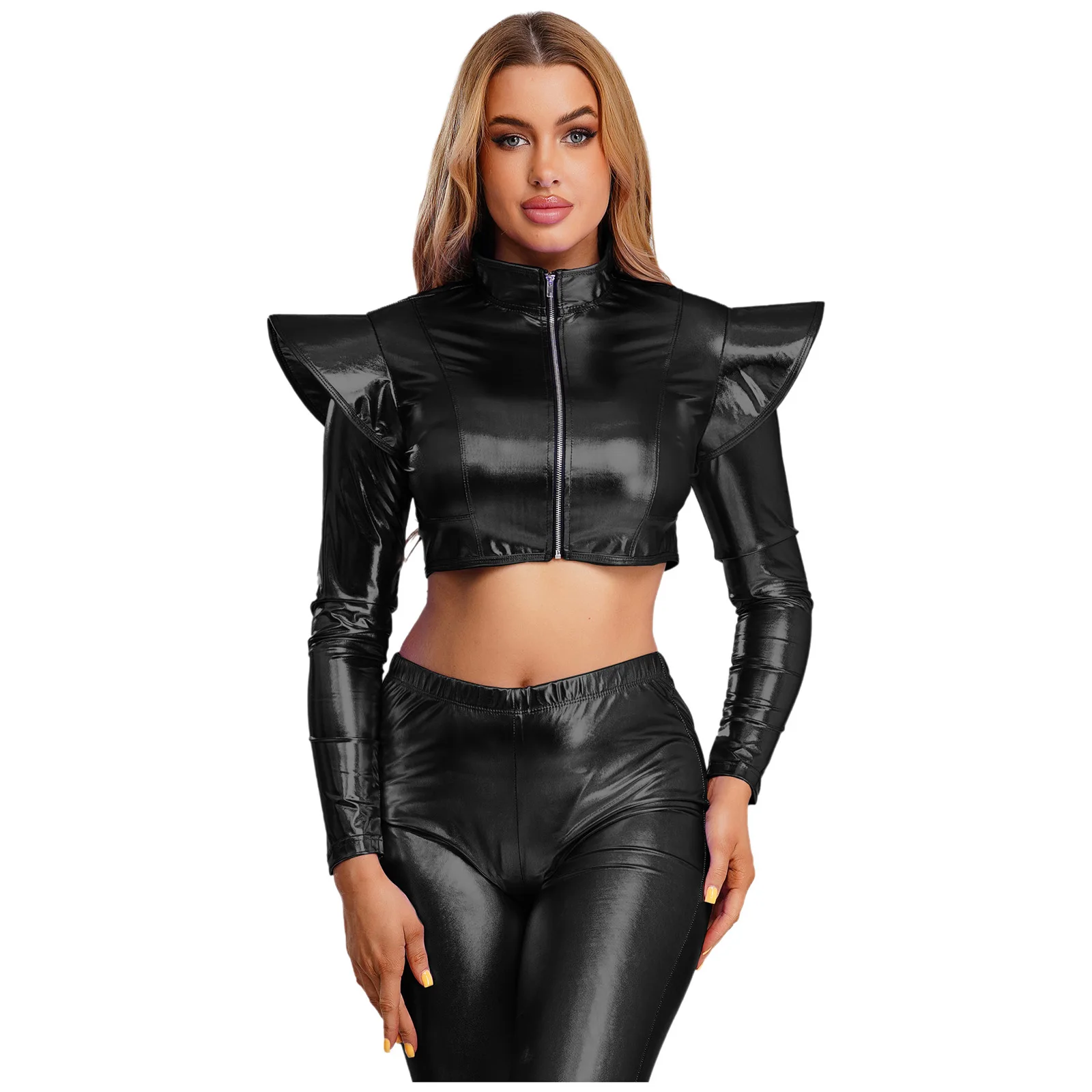 

Women Metallic Crop Jacket Long Sleeve with Structured Shoulder Boards Stand Collar Front Zipper Crop Top for Club Raves Party