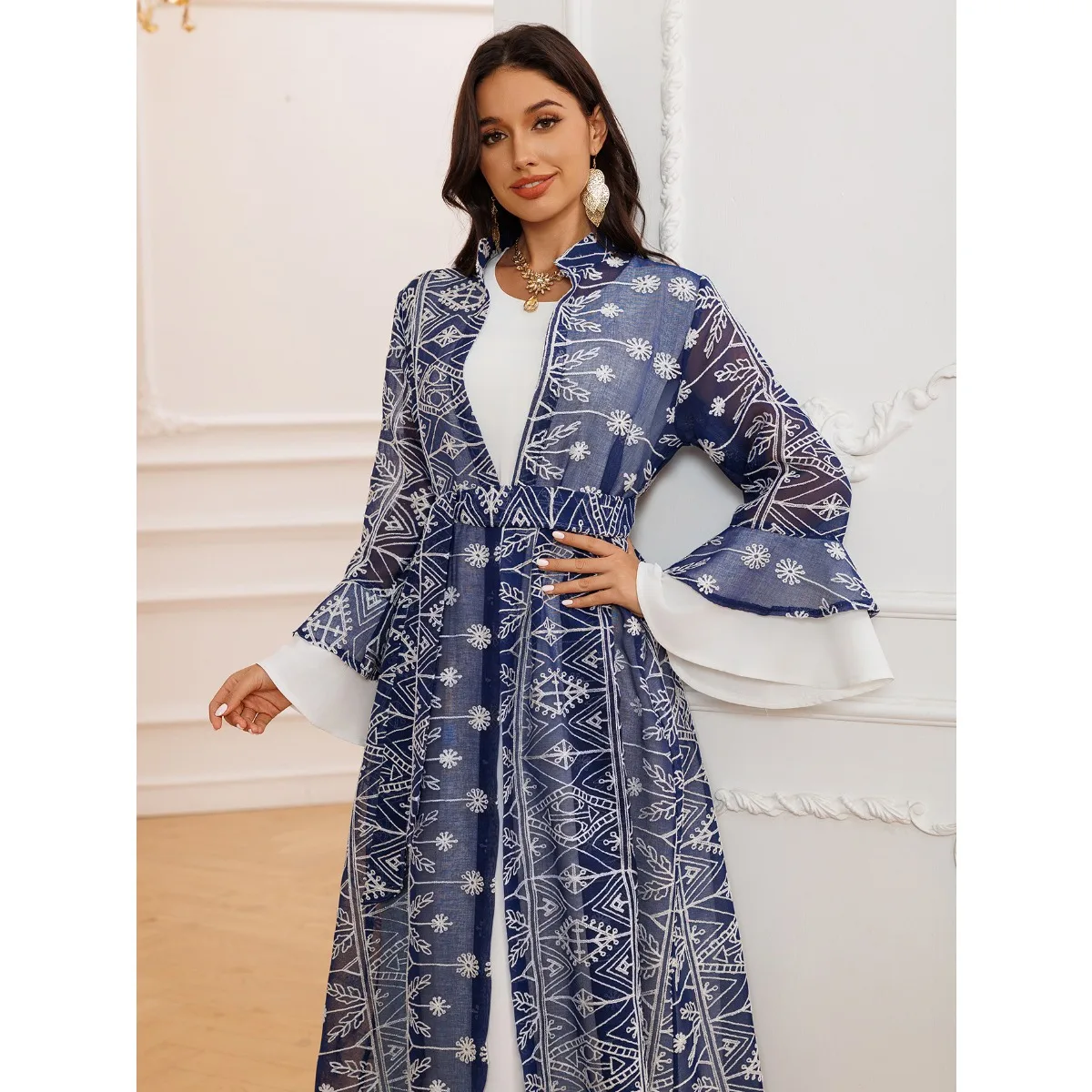 Eid 두바이 플레어 슬리브 자수 롱 드레스 이슬람 패션 카디건 2 조각 여성 가운 모로코 벨트 루스 파티 드레스 세트