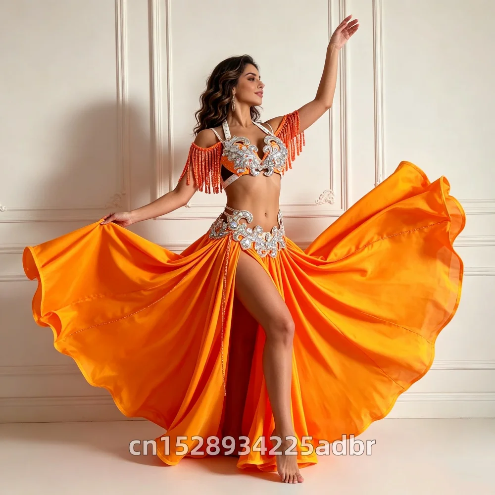New Belly Dance Suit Gradient Orange Bra Top and Long Skirt for Women Stage Performance High-End Adult Competition Clothing