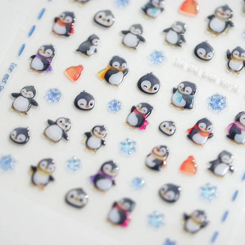 Diseño de gelatina lindo pingüino copo de nieve dibujos animados 3D autoadhesivo pegatinas de Arte de uñas encantador Panda León Tigre perro gato calcomanías de manicura