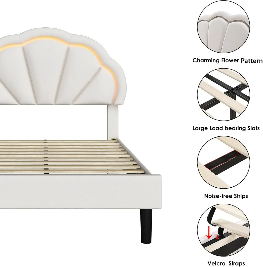 HIFIT-Marco de cama LED inteligente tapizado doble, cabecera de pétalo elegante ajustable, marcos de cama de plataforma de tamaño doble de princesa para