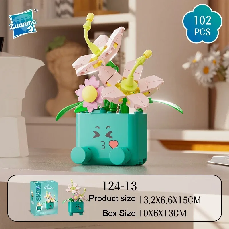 Kreative Emoticon-Blumentöpfe Bausteine Spielzeugmodell Sonnenblumen Rosen Blumen-Botanik-Bausteine Zusammenbaubares Ornament Kindergeschenk