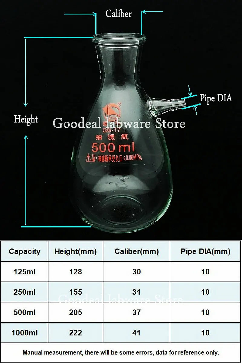 Frasco De Sucção De Filtração A Vácuo, Vidro De Borosilicato Alto, Garrafa De Filtro De Laboratório Com Boca De Ramo Superior, 125 ml, 250 ml, 500