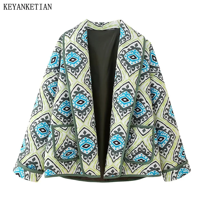 

KEYANKETIAN Winter New Women's National Argyle Print Loose Quilted Jacket Contrast Piping Pockets Thick Warm Parkas Outerwear