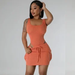 Knitted Ribbed 2 Piece Summer Sets Outfits Women Clothing Tank Bodycon Bodysuit Top and Mini Skirt with Pockets Matching Sets