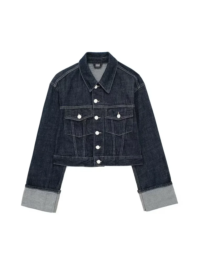 

Women Fashion With Pockets Denim Blue Single Breasted Jackets Vintage Lapel Neck Long Sleeves Female Chic Lady Outfits New women