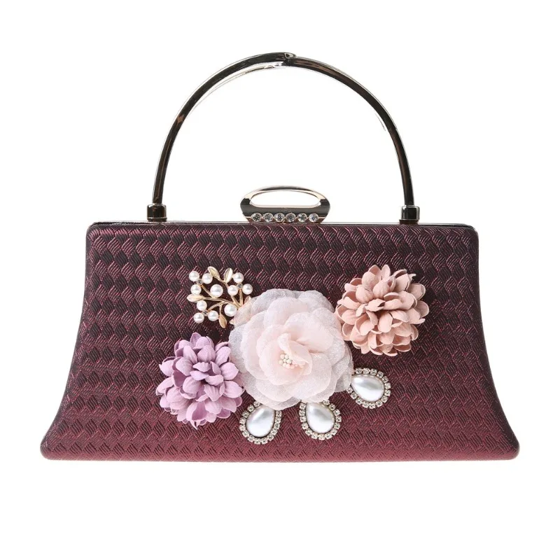 

Luxury Wedding Evening Bag Women's 3D Flower Appliques Argyle Texture Handbag Ladies Elegant PU Party Clutch Burgundy Purse