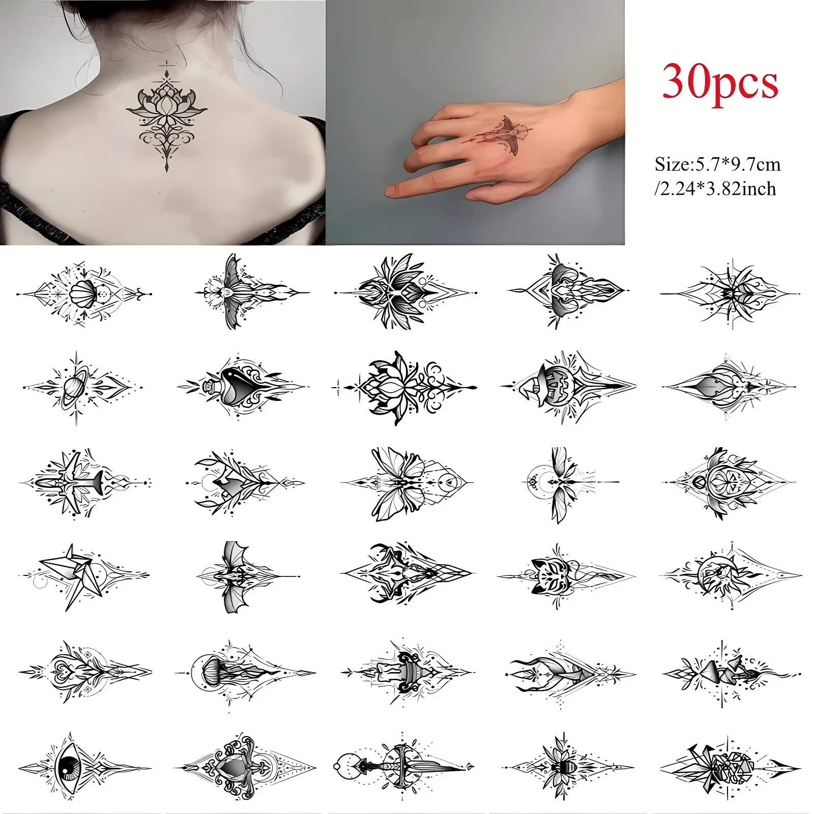 30pcs/lot Fake Tattoos Waterproof Realistic Lace Tribal Sword Eye Spades Water Transfer Tattoos for Women Ladies tatuajes falsos