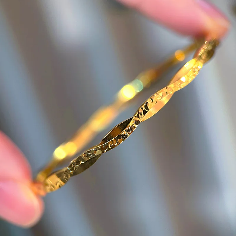 9999 24K Real Gold Women's Light Luxury Vintage High-end Crushed Ice Double Wave Bracelet Niche Design Daily Commuting Jewelry