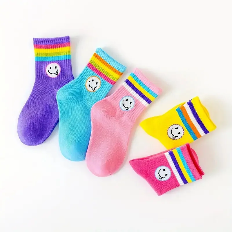 5 Paar Mädchensocken mit niedlichem Cartoon-Emoticons-Gesichtsmuster, bequeme, atmungsaktive Söckchen für Kinder – Detail 6