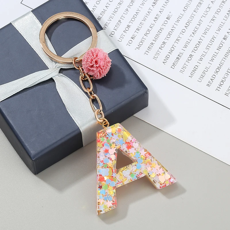 Keyring Pink Color English Letter Keychain with Puffer Ball English word Glitter Resin Handbag Charms for Woman Special Offer