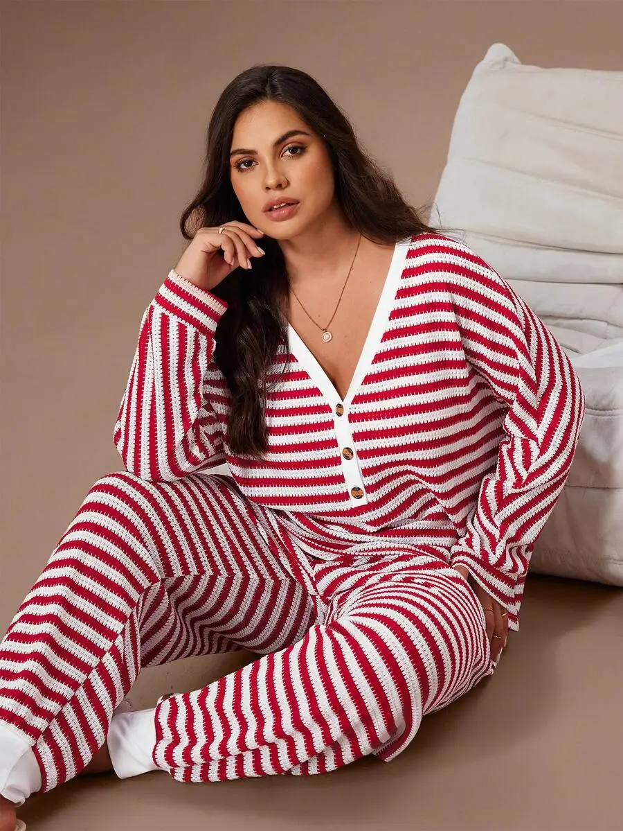 

Plus Size Women Striped Knitted V-Neck Long Sleeve Top And Pants Loungewear Set Cozy Fall Winter Outfit