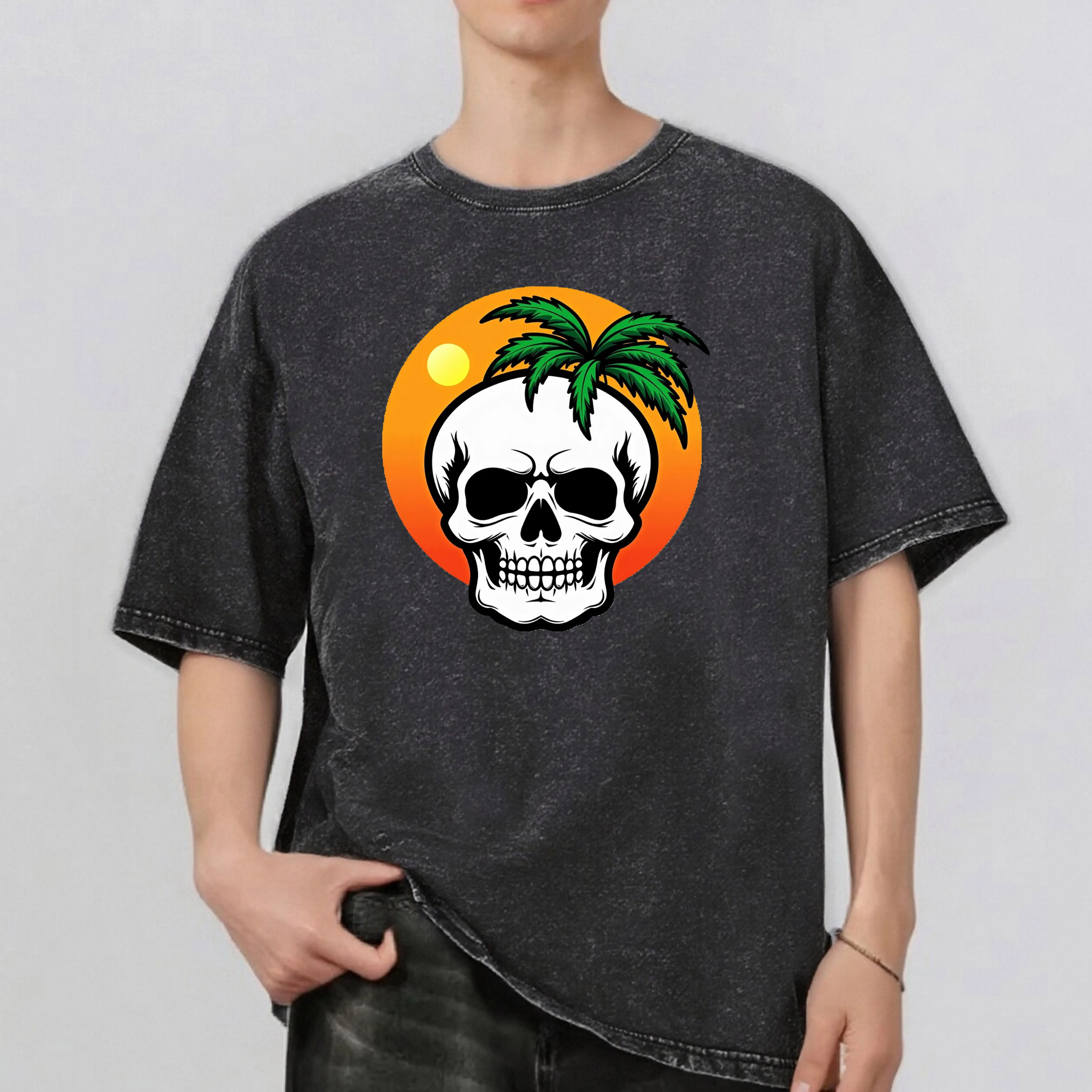 

Skull Pattern Rint Men's Summer Retro Style Washed Water T-Shirt Casual Short Sleeved Basic Men's Top 230G