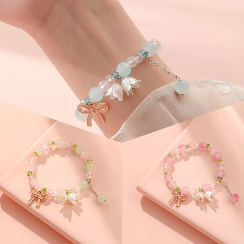 Sweet Pink Floral Leaf Bracelet Lily Valley Charm Trendy Butterfly Heart Pearl Beaded Bracelet For Women Female Wedding Jewelry