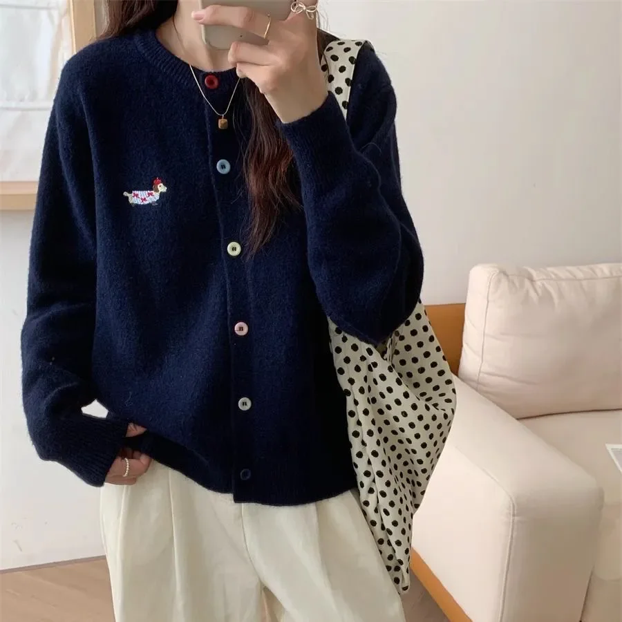 

Korean Fashion Colorful Button Round Neck Knitted Cardigan for Women's Autumn Sweet Dog Sweater Jacket