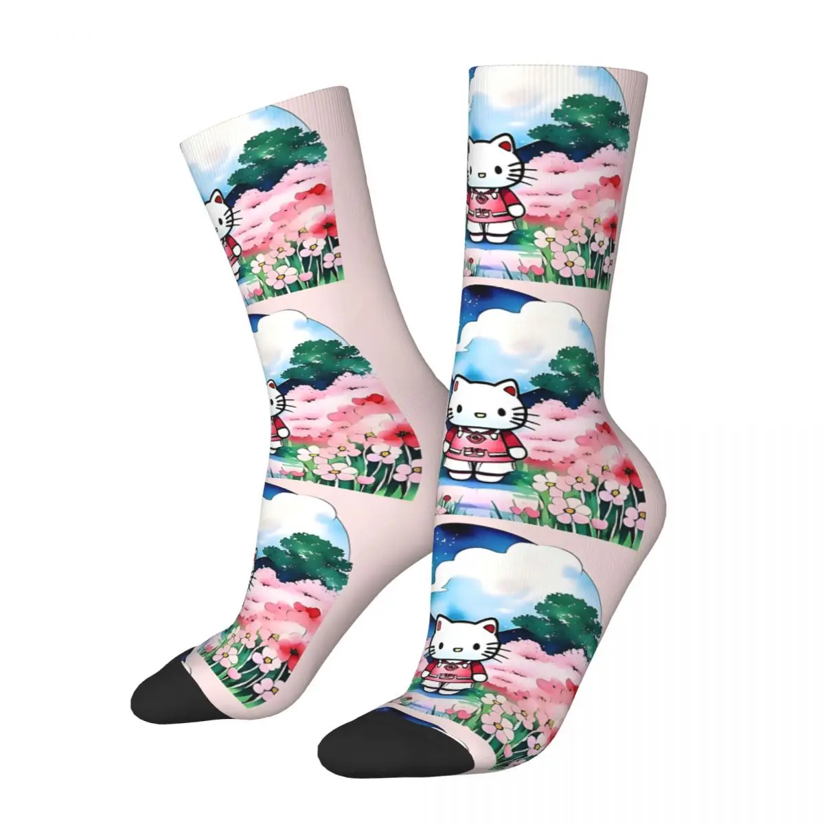 1 Pair Funny Happy Hello Kitty In A Field Of Flowers Retro Harajuku Sanrio Hip Hop Novelty Casual Crew Crazy Sock