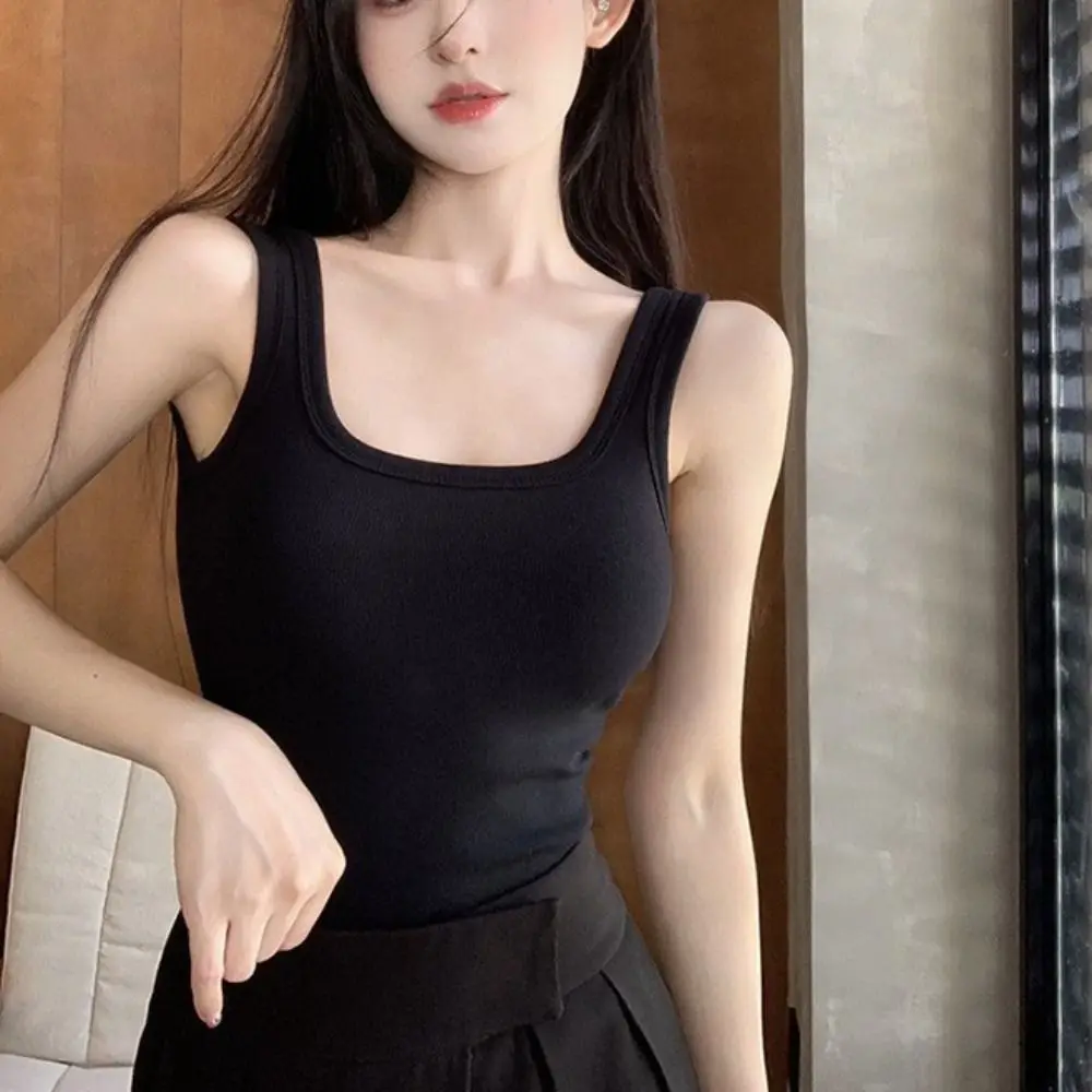 

Square Neck Sleeveless Crop Top Backless Korean Style Sweet Girl's Tank Top Undershirts Beachwear Camisole with Pads Travel
