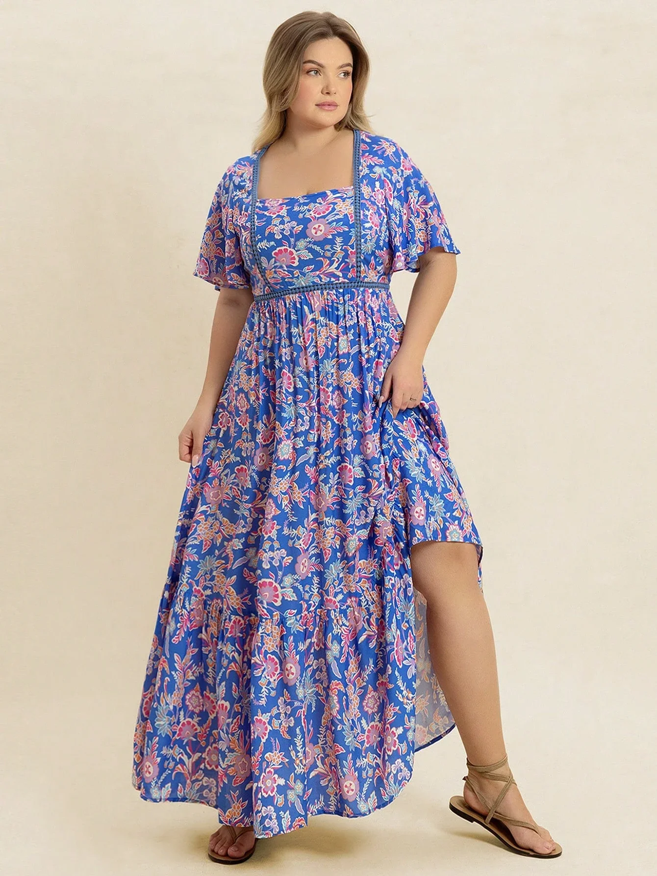 

Plus Size Blue Floral Square Neck Maxi Dress Bohemian Summer Beach Festival Vacation