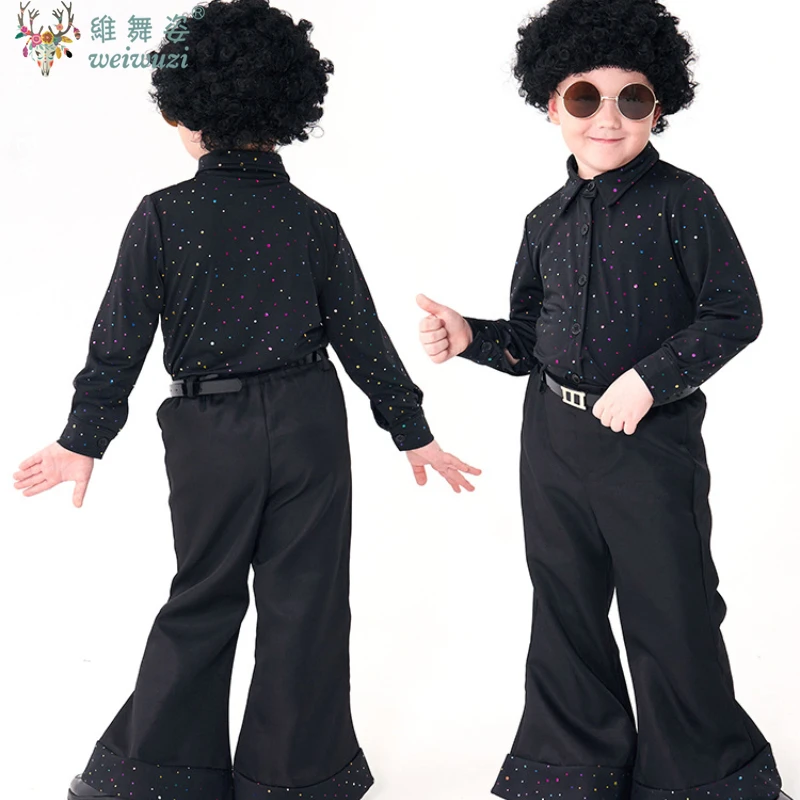 어린이 레트로 70s 디스코 의상 할로윈 카니발 어린이 스팽글 가수 댄서 코스프레 옷 소년 가발 셔츠 바지 의상