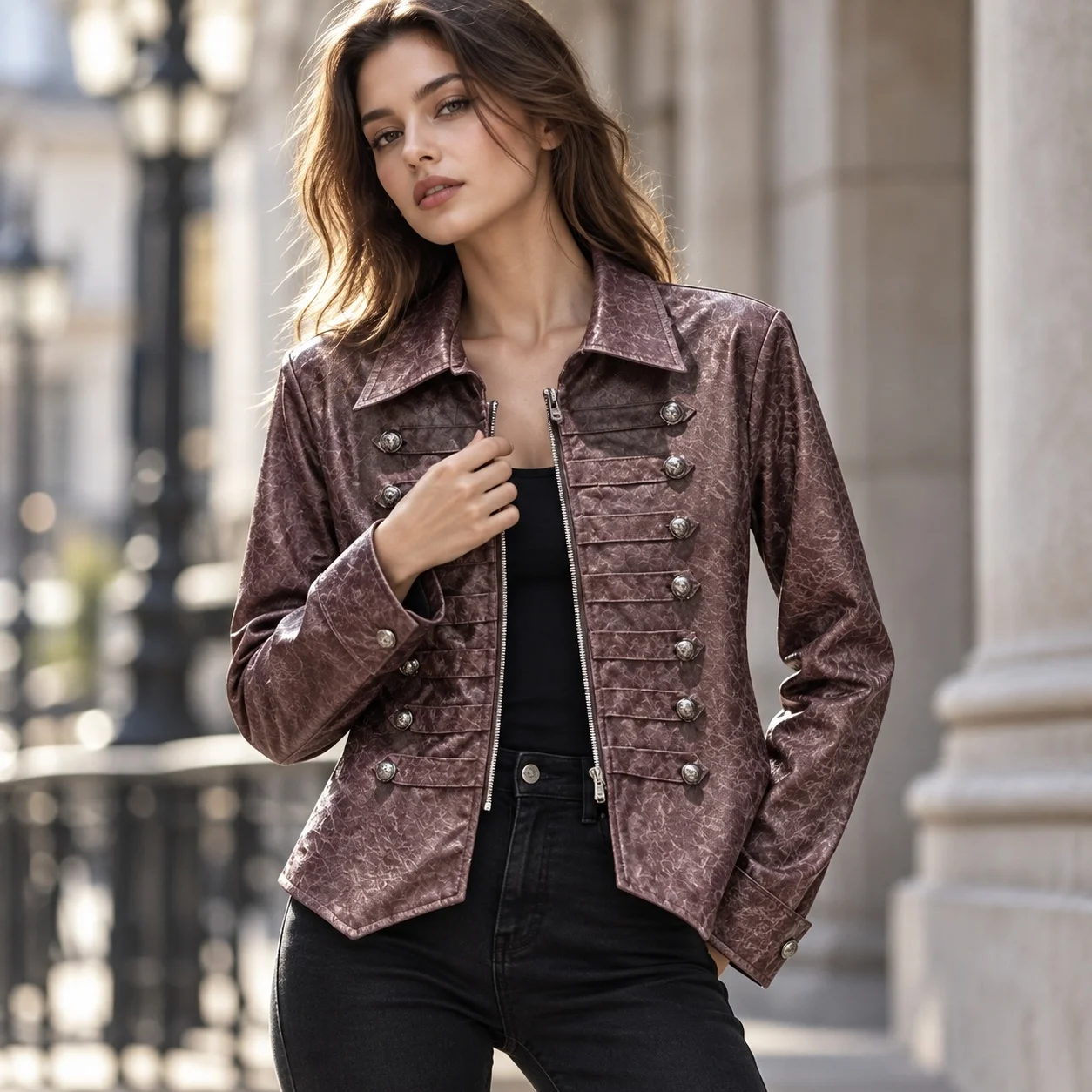 Notched Lapel Turn Down Collar Slim Fit Coat with 3D Decorative Element Streetwear Style No Lining Mid Long Length Women Jacket
