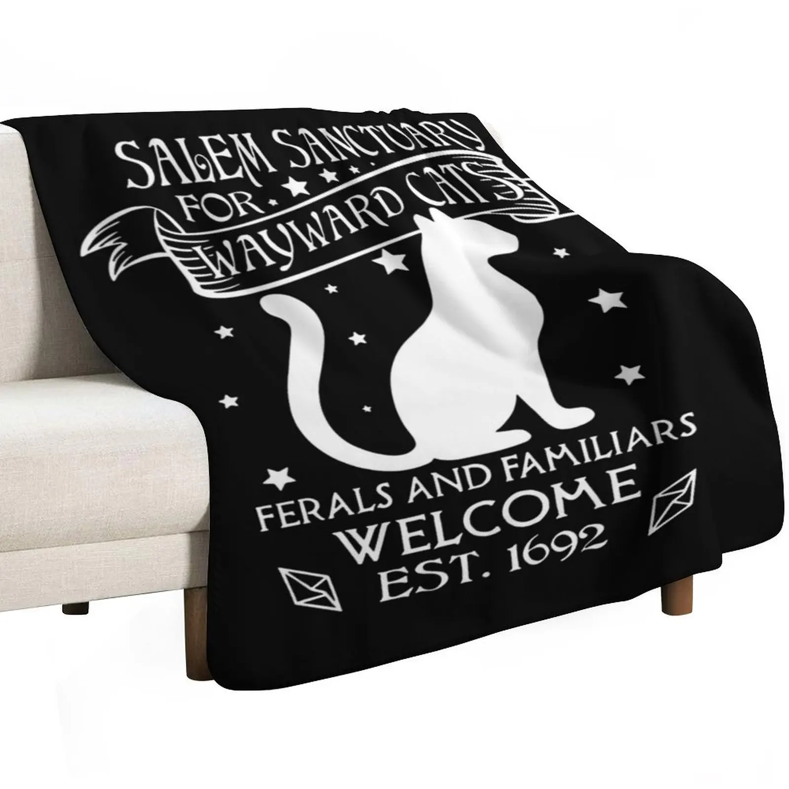 Salem sanctuary for wayward cats Ferals and familiars welcome est 1692 Throw Blanket Bed halloween Custom Blankets