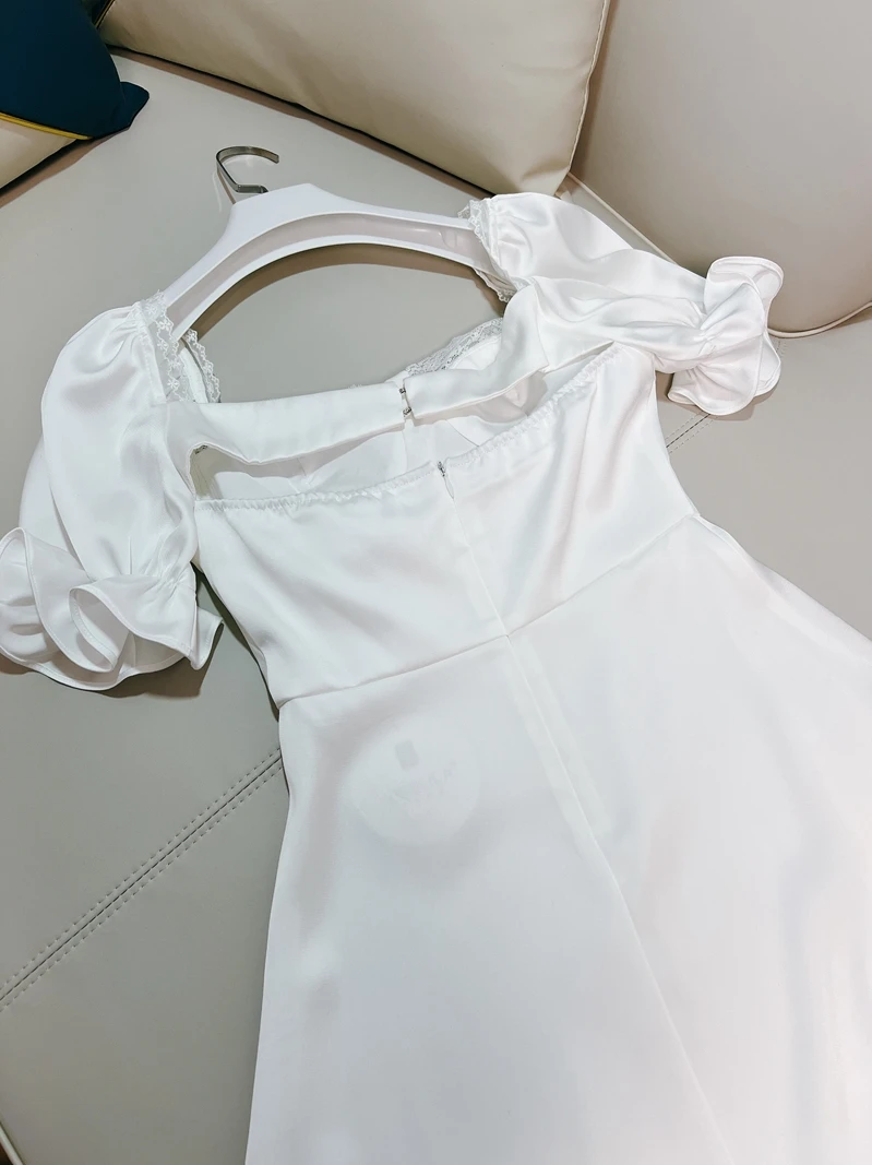 ชุดเดรสผ้าซาตินสีขาว Pure Desire คอเหลี่ยม แขนพอง กระโปรงทรงเอ สไตล์เรโทร สำหรับสาวๆ ฤดูร้อน