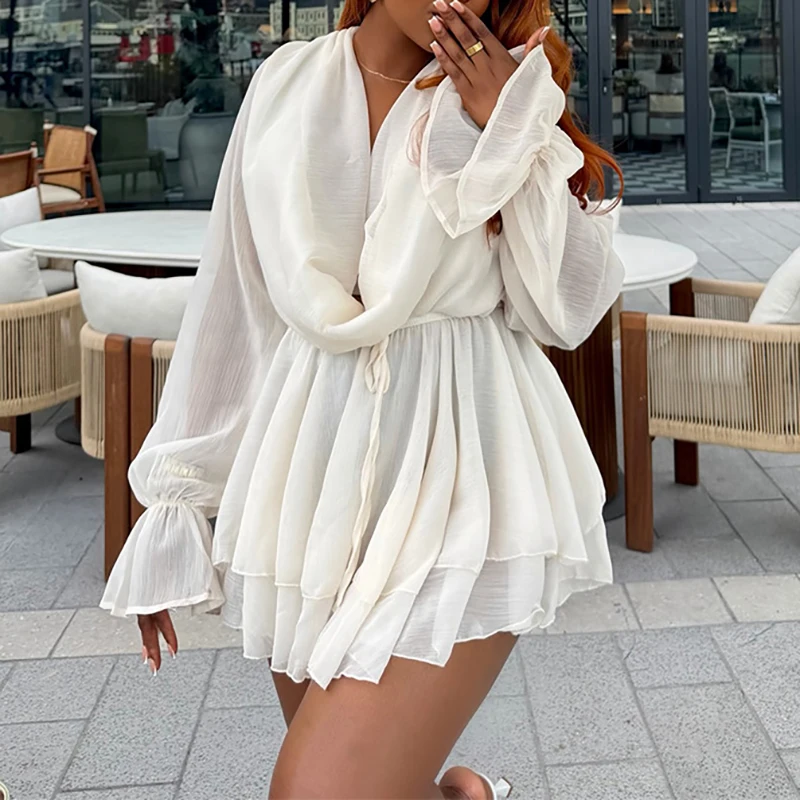Loose Casual Beach Vacation Dress Women Chiffon Mini Dress Draped Cowl Neck Long Flare Sleeve Drawstring Waist Ruffles Hem Dress