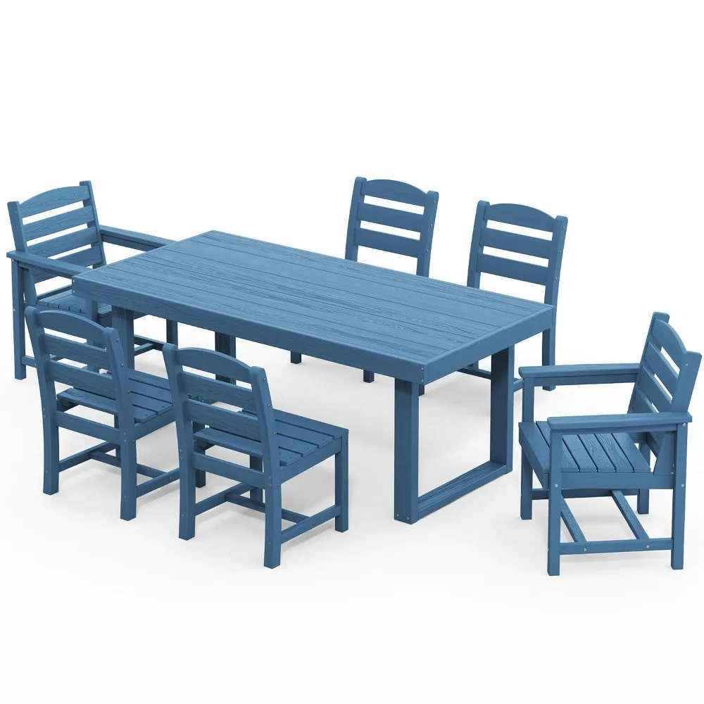 HDPE Outdoor Dining Set for 6, 67'' All Weather Patio Dining Table and Armless Chairs Set for Deck, Lawn, Blue, Customized