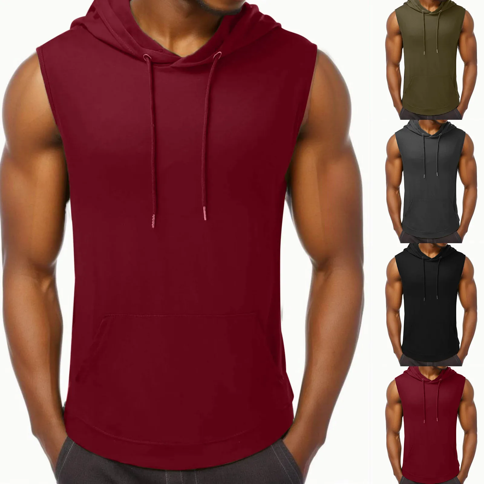 Men\'s Sleeveless Drawstring Hooded Vest Tops Solid Color Casual Blouses Loose Tee Shirts Fashionable Tank Tops For Men