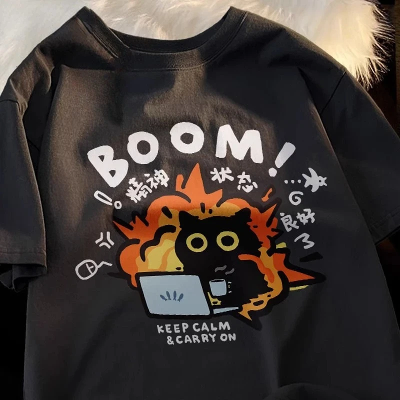 BOOM! Keep Calm and Carry on Funny Text T Shirt Cartoon Print Men T-shirts Pure Cotton Top Women Short Sleeve Oversize Clothes