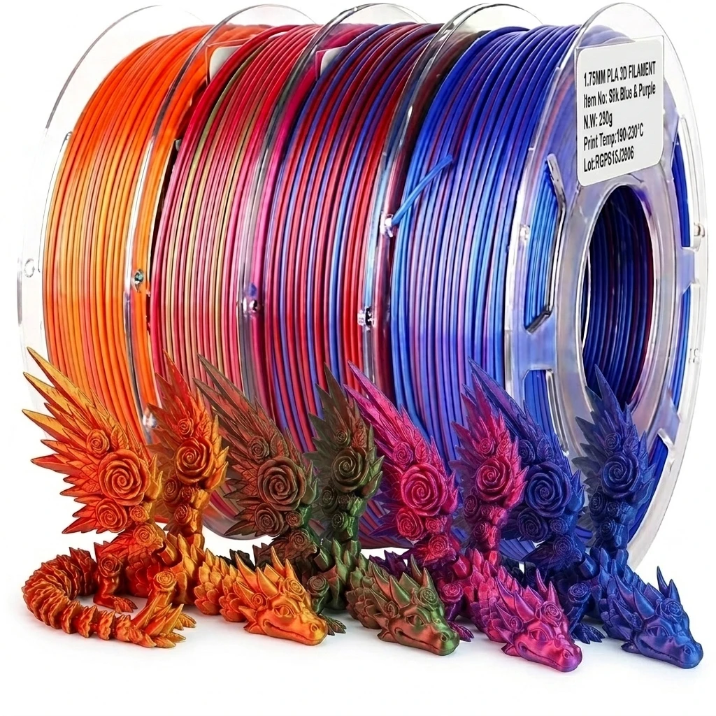 Silk PLA 3D Printer Filament Bundle, 1.75mm shiny dual-color shifting filament pack, multi color change printing material compat