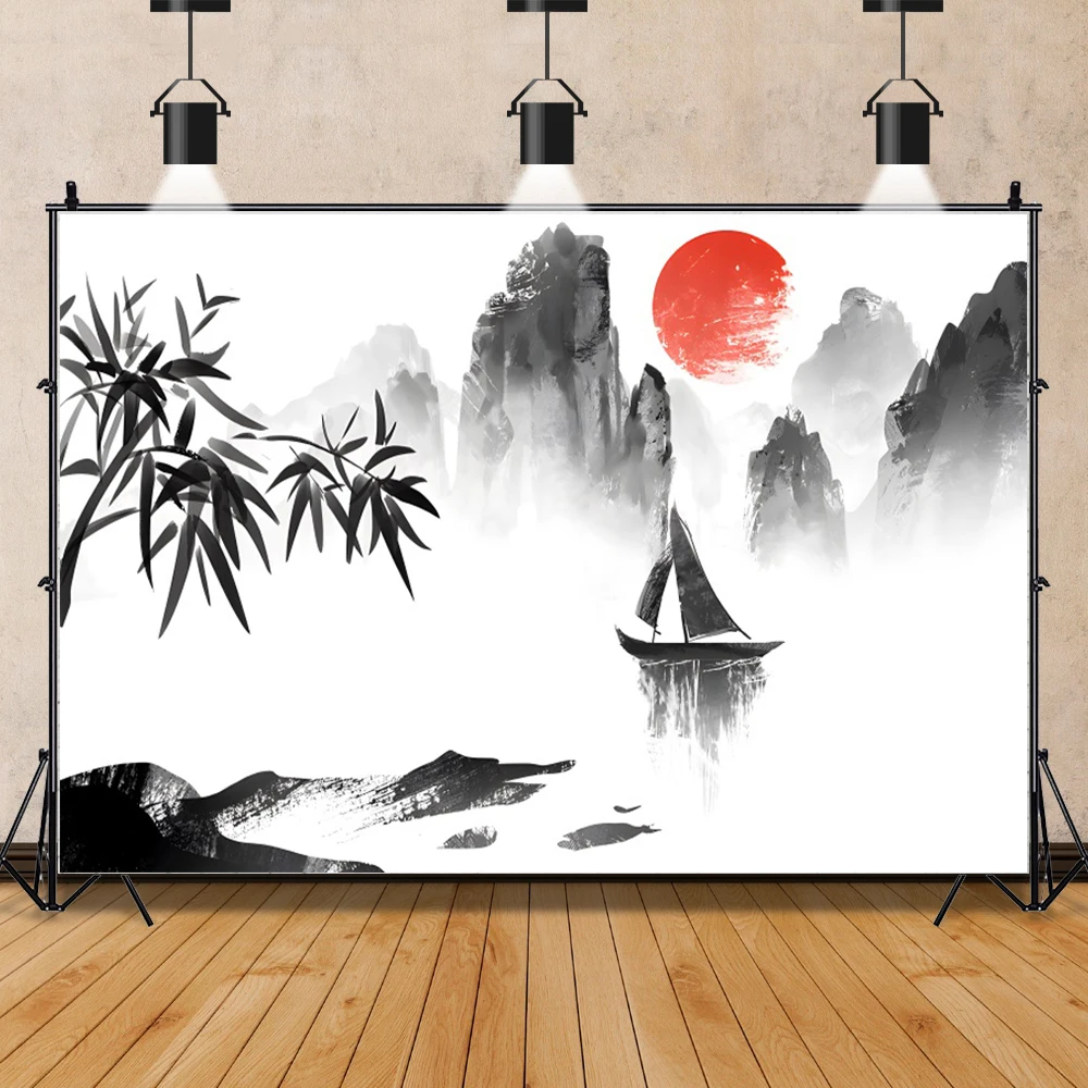 Japanese Ink Scenery Waves Photography Backdrop Japan Cherry Blossoms Landscape Painting Red Sun Background Photo Studio Props