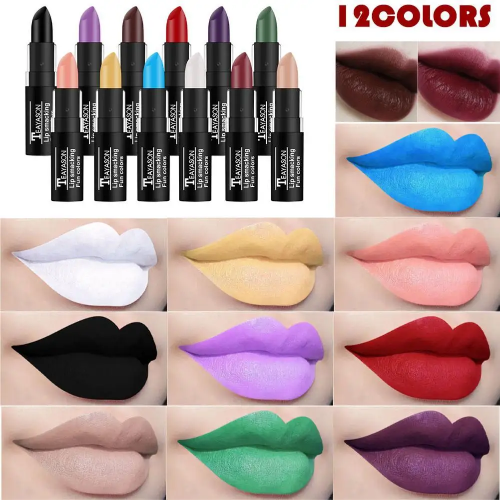 Heißer Verkauf Wasserdicht Samt Matte Schwarz Weiß Lippenstift Dauerhafte Pigment Grün Lila Lippenstift Weihnachten Halloween Party Lippen Make-Up