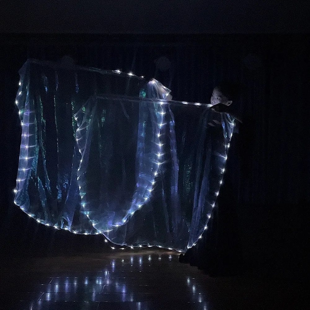 Nieuwe Buikdans Led Flag Wings Dance Dansvoorstelling Rekwisieten Wit Licht Led Lichtgevende Vlag Met Stok Elegante Vleugels