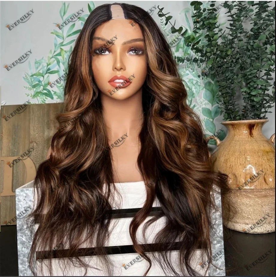 Ombre Brown Long Wavy 180Density Glueless U Part Wig Human Hair Highlight Brown 1x4 Size V Part Wigs for Black Women Easy Wear